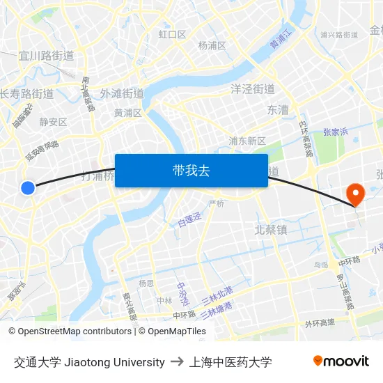 交通大学 Jiaotong University to 上海中医药大学 map