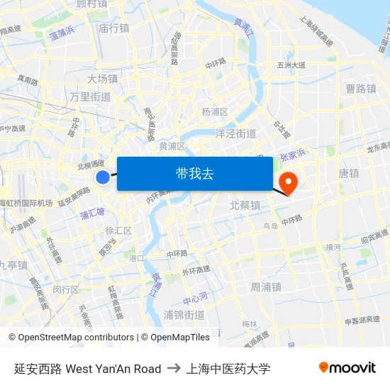 延安西路 West Yan'An Road to 上海中医药大学 map
