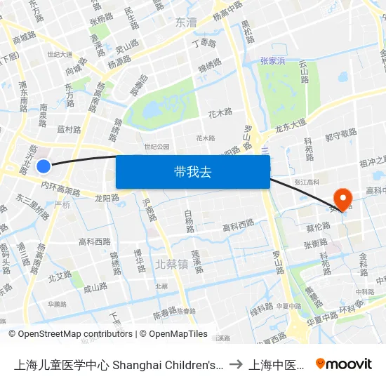 上海儿童医学中心 Shanghai Children's Medical Center to 上海中医药大学 map