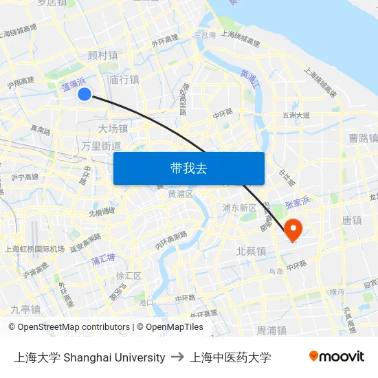 上海大学 Shanghai University to 上海中医药大学 map