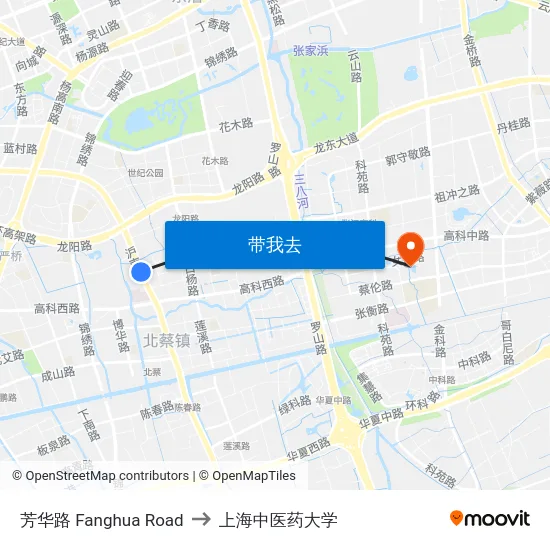 芳华路 Fanghua Road to 上海中医药大学 map