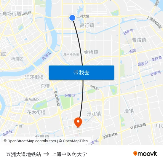 五洲大道地铁站 to 上海中医药大学 map
