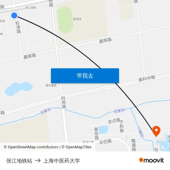 张江地铁站 to 上海中医药大学 map
