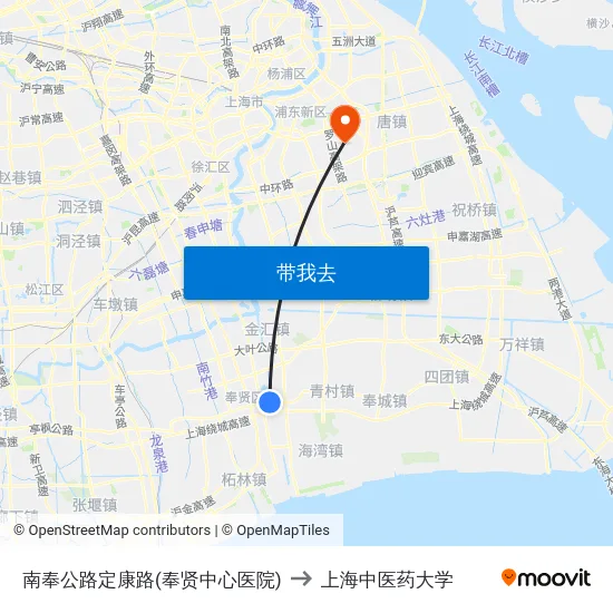 南奉公路定康路(奉贤中心医院) to 上海中医药大学 map