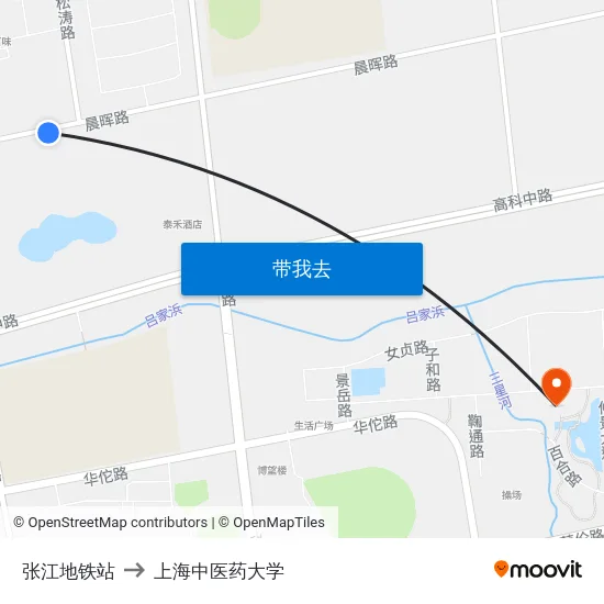 张江地铁站 to 上海中医药大学 map