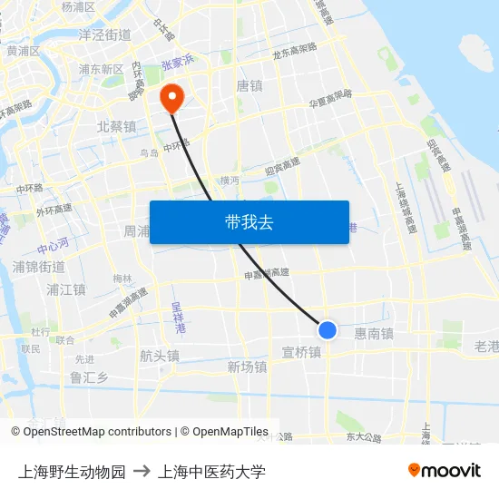 上海野生动物园 to 上海中医药大学 map