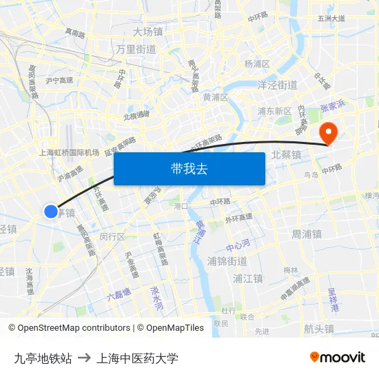 九亭地铁站 to 上海中医药大学 map