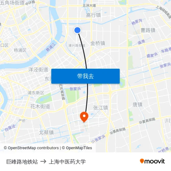巨峰路地铁站 to 上海中医药大学 map