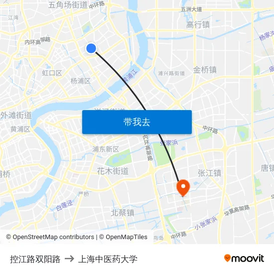 控江路双阳路 to 上海中医药大学 map