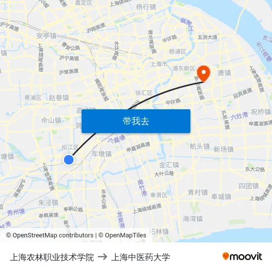 上海农林职业技术学院 to 上海中医药大学 map