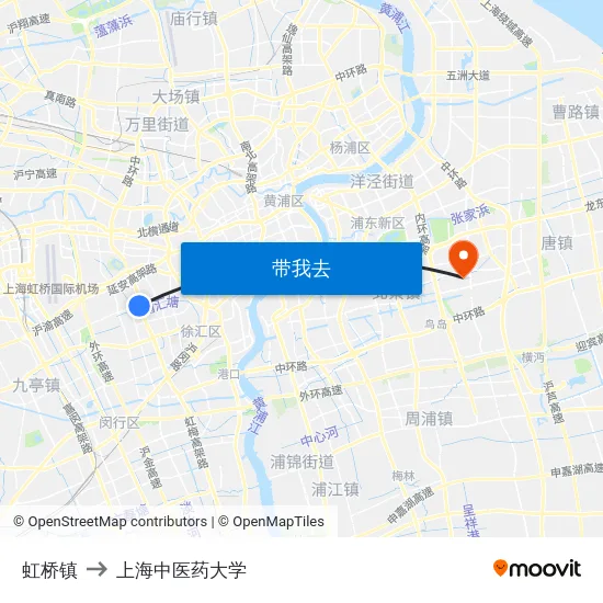 虹桥镇 to 上海中医药大学 map