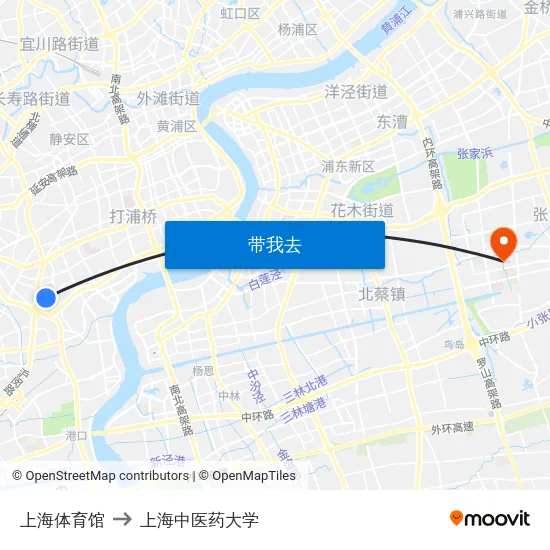 上海体育馆 to 上海中医药大学 map