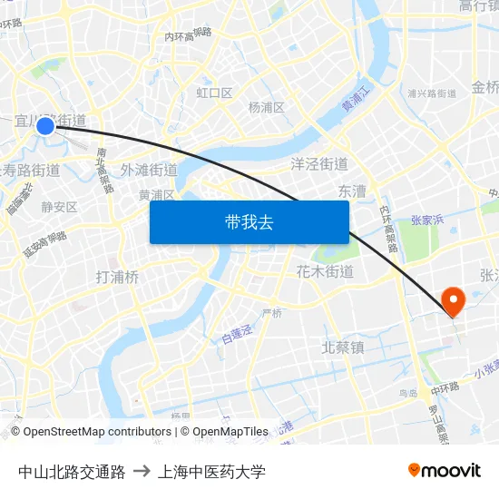 中山北路交通路 to 上海中医药大学 map
