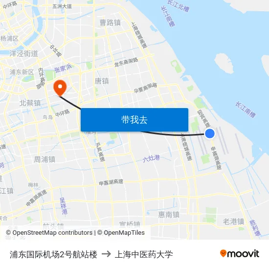 浦东国际机场2号航站楼 to 上海中医药大学 map