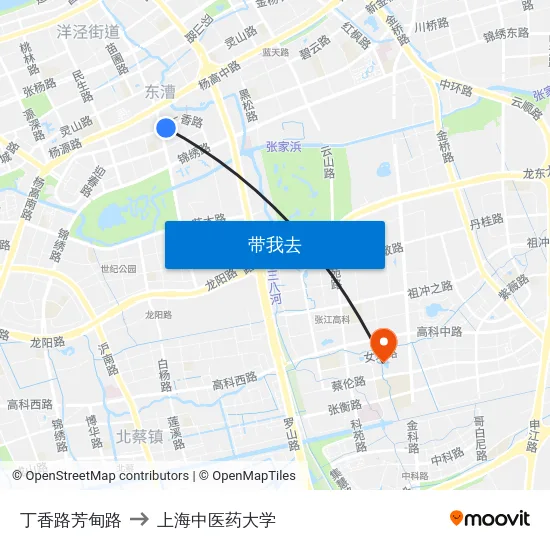 丁香路芳甸路 to 上海中医药大学 map