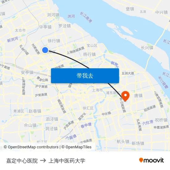 嘉定中心医院 to 上海中医药大学 map