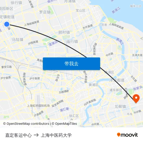 嘉定客运中心 to 上海中医药大学 map