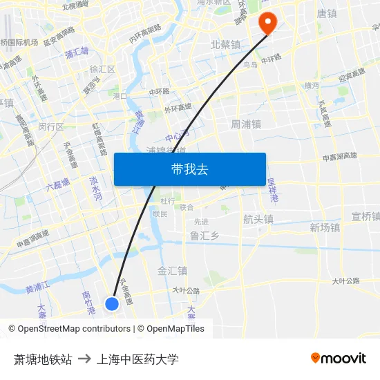 萧塘地铁站 to 上海中医药大学 map