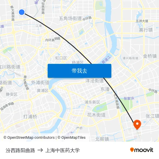 汾西路阳曲路 to 上海中医药大学 map