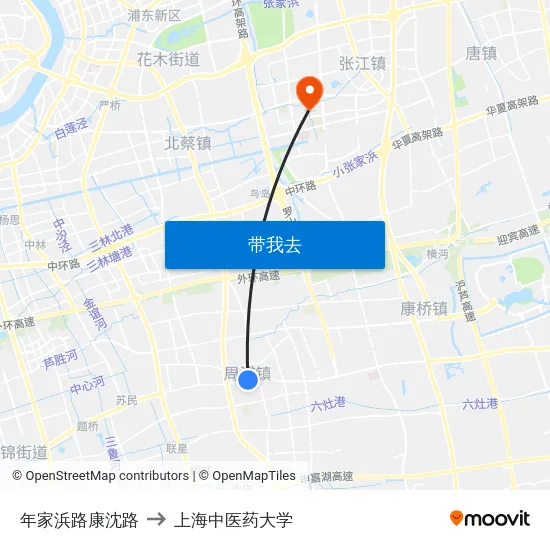 年家浜路康沈路 to 上海中医药大学 map