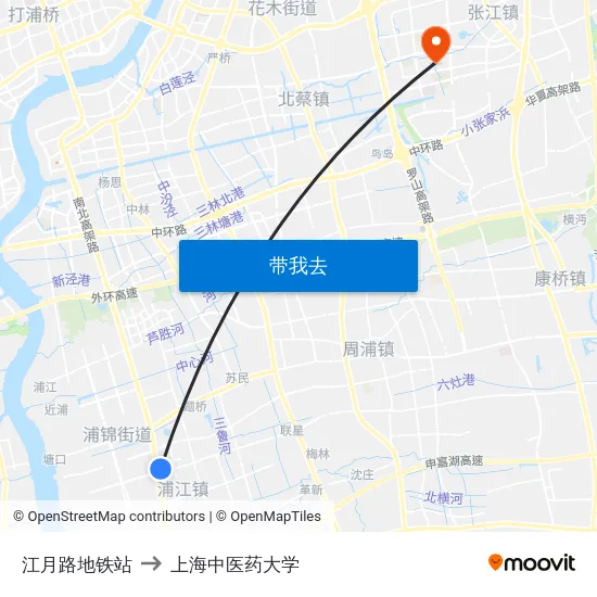 江月路地铁站 to 上海中医药大学 map