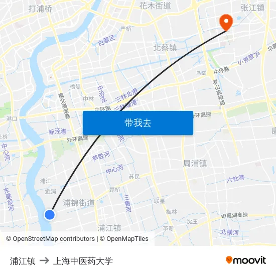 浦江镇 to 上海中医药大学 map
