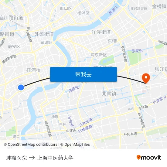 肿瘤医院 to 上海中医药大学 map