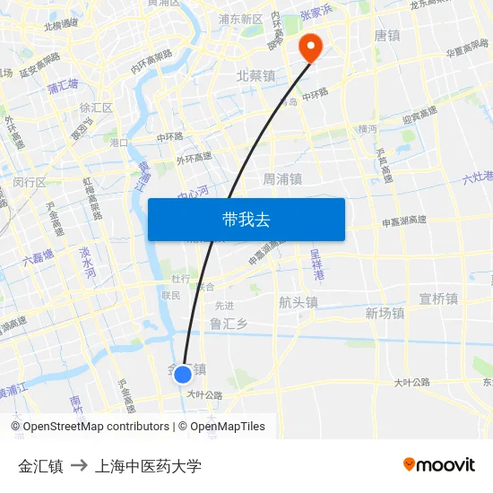 金汇镇 to 上海中医药大学 map