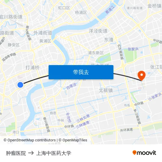 肿瘤医院 to 上海中医药大学 map