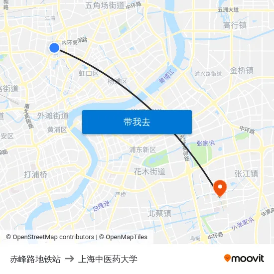 赤峰路地铁站 to 上海中医药大学 map
