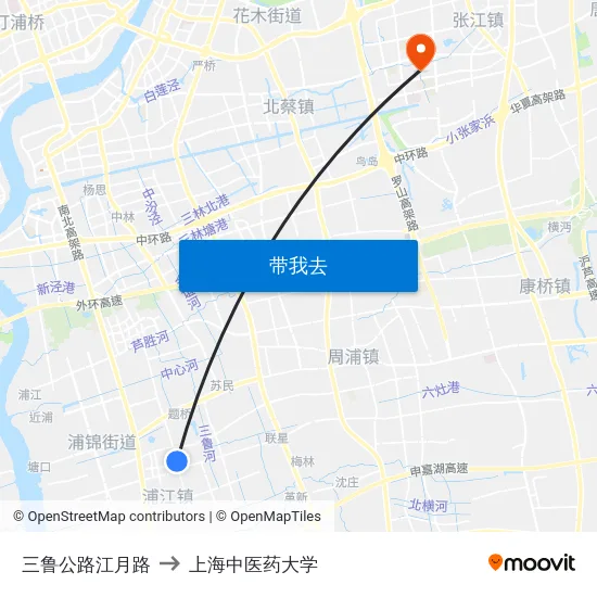 三鲁公路江月路 to 上海中医药大学 map