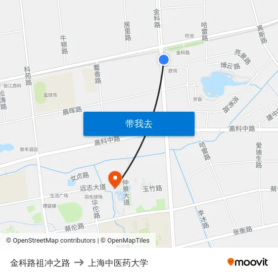 金科路祖冲之路 to 上海中医药大学 map