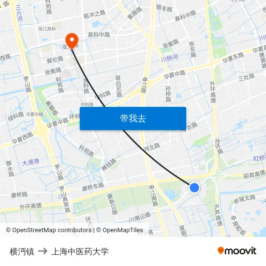 横沔镇 to 上海中医药大学 map