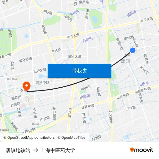 唐镇地铁站 to 上海中医药大学 map