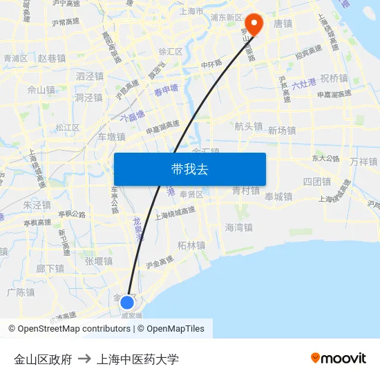 金山区政府 to 上海中医药大学 map