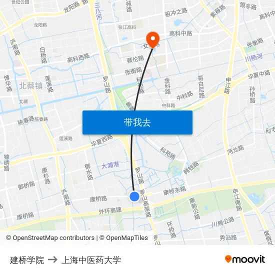 建桥学院 to 上海中医药大学 map