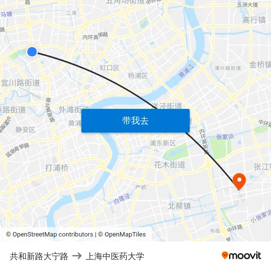 共和新路大宁路 to 上海中医药大学 map