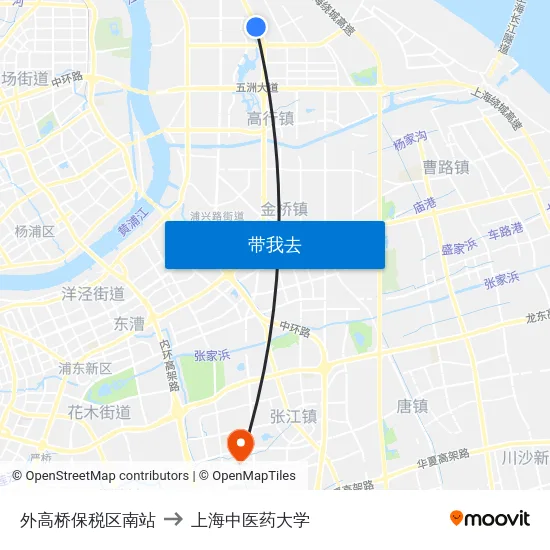 外高桥保税区南站 to 上海中医药大学 map