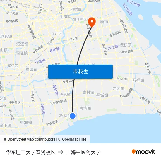华东理工大学奉贤校区 to 上海中医药大学 map