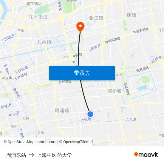 周浦东站 to 上海中医药大学 map