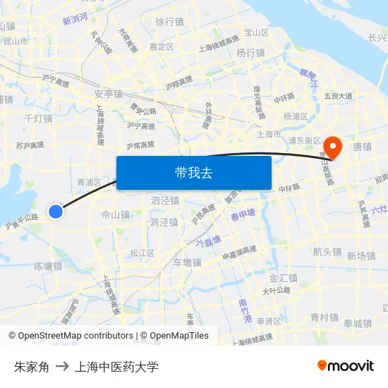 朱家角 to 上海中医药大学 map
