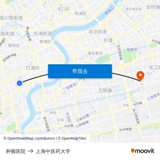肿瘤医院 to 上海中医药大学 map