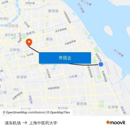 浦东机场 to 上海中医药大学 map