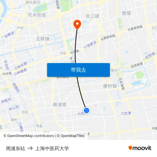 周浦东站 to 上海中医药大学 map
