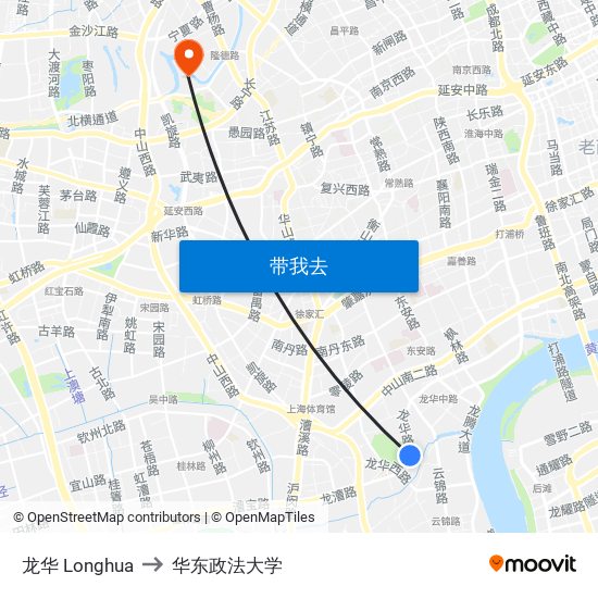 龙华 Longhua to 华东政法大学 map