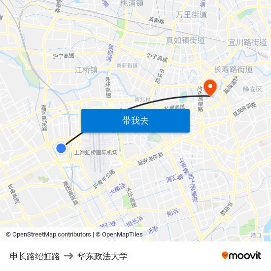 申长路绍虹路 to 华东政法大学 map