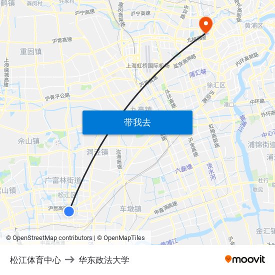 松江体育中心 to 华东政法大学 map