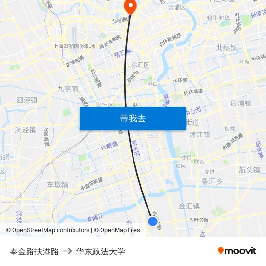 奉金路扶港路 to 华东政法大学 map