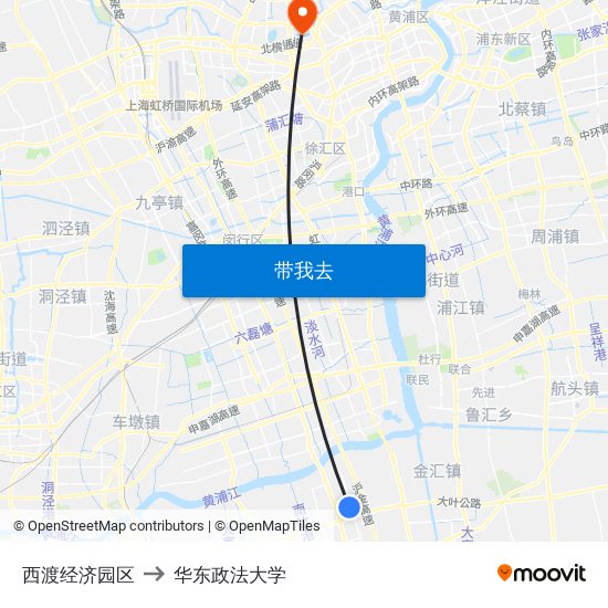 西渡经济园区 to 华东政法大学 map