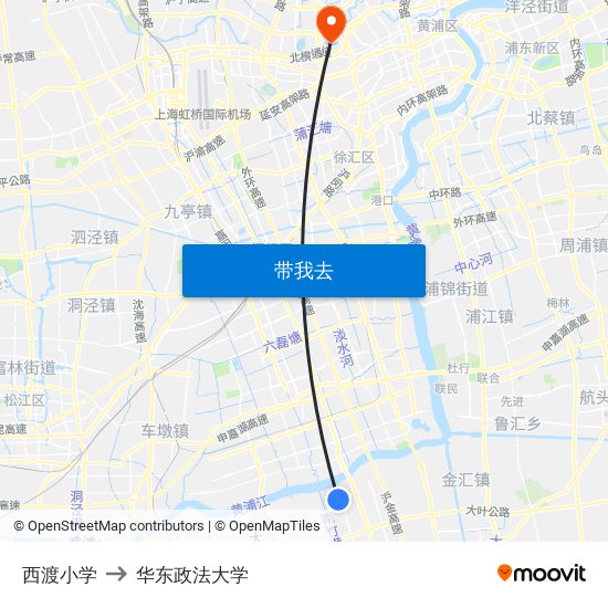 西渡小学 to 华东政法大学 map